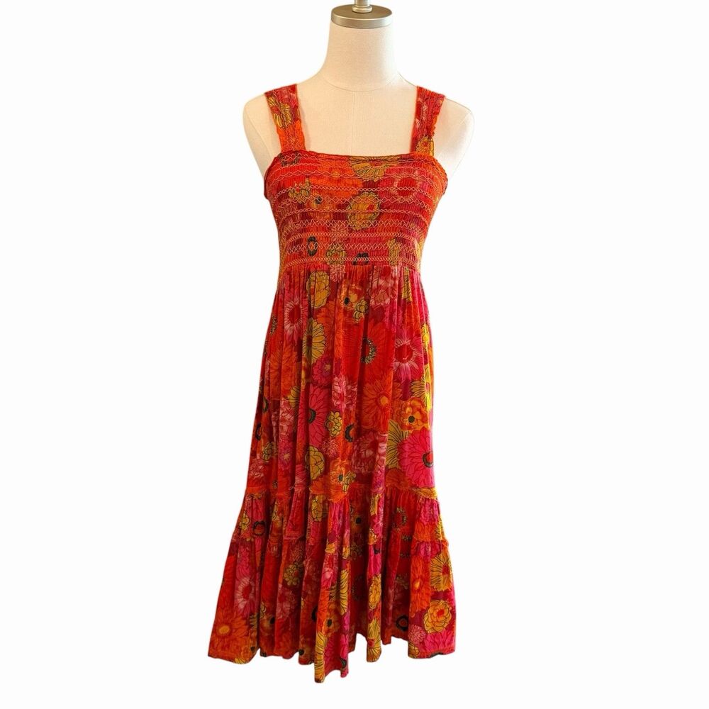 Garnet Hill Floral Tiered Prairie Dress Sz 6 Boho Cottage Hippie Smocked Resort